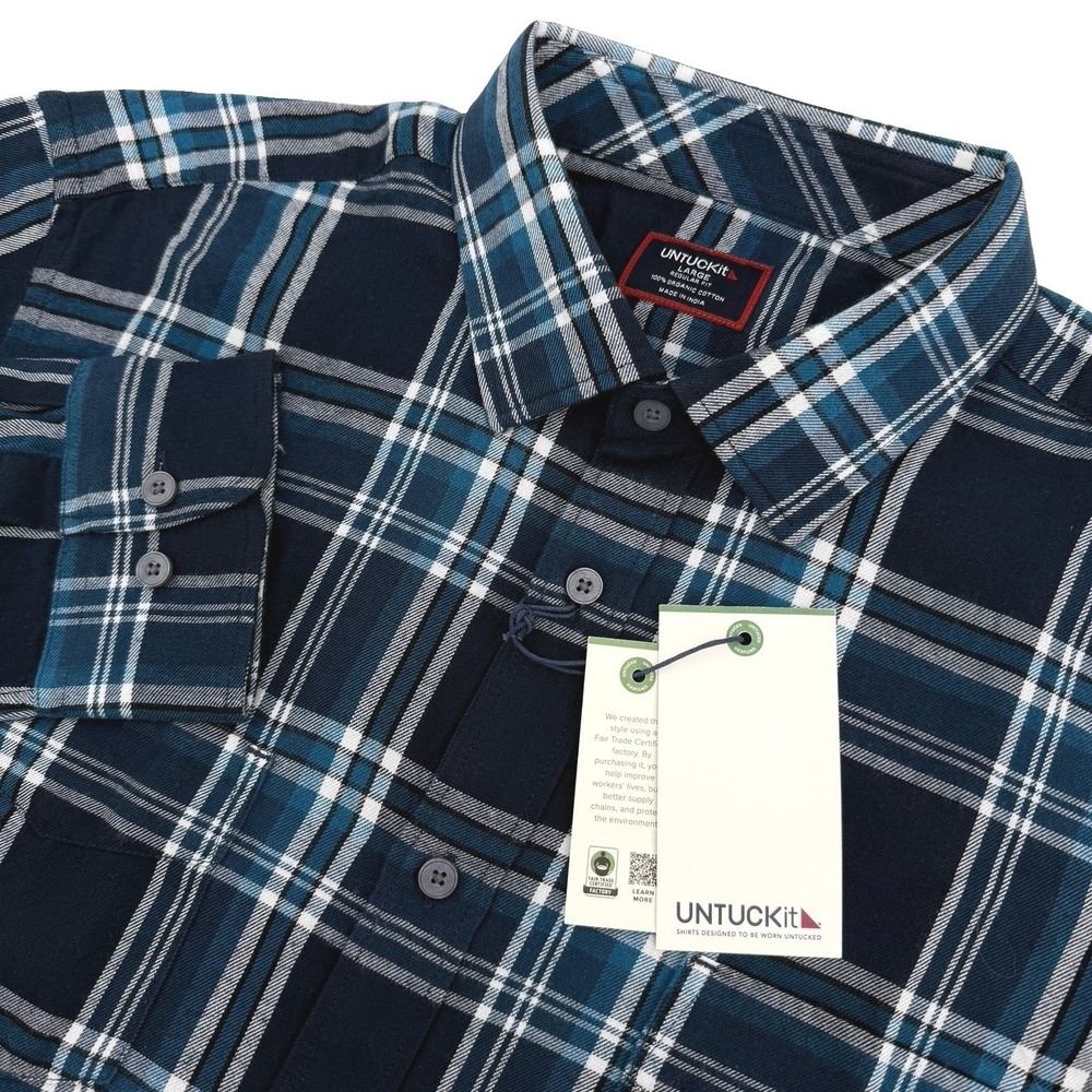 UNTUCKit Flannel Shirt Mens L Navy Blue Plaid Regular Fit Organic Cotton NEW